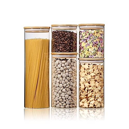 Stackable Kitchen Canisters Set, Aitsite Clear Glass Jars for Home Kitchen, Upgrade Thicken Airtight Food Storage jars with Wood Bamboo Clamp Lids for Spaghetti, Flour, Coffee, Sugar, pasta, 5 Pack