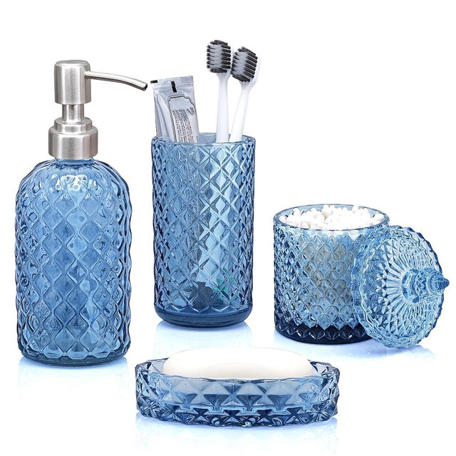 LaMarriti Blue Bathroom Accessories Set, 4Pcs Clear Glass Bathroom Accessory Set Complete, Soap Dispenser, Toothbrush Holder Set, Soap Dish, Qtip Holder, Modern Bath Decor, Light Blue