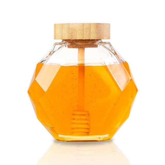 12 Ounce Glass Honey Jars with Dipper,Airtight Hexagonal Lid Glass Honey Jars,Honey Jar with Natural Wood Lid and Dipper Transparent Honey Jar and Honey Stick set with Lid TIMUR HOME KITCHEN