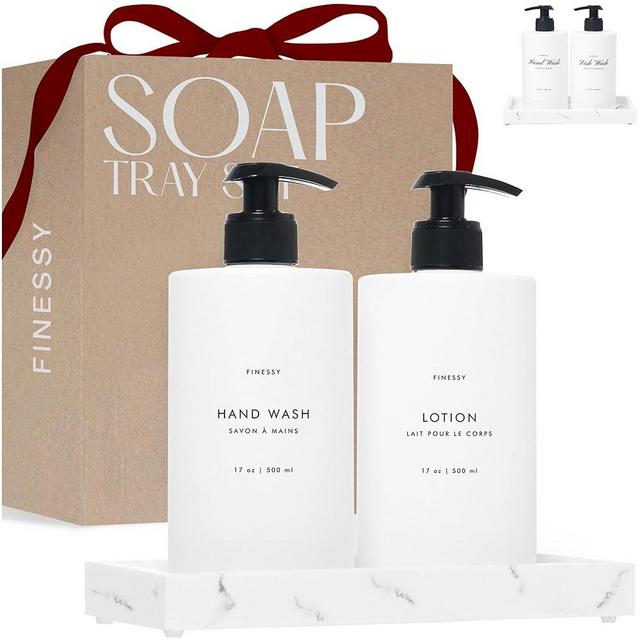 Kitchen Soap Dispenser Set with Tray, Hand Soap and Lotion Dispenser Set for Bathroom, Plastic Hand Soap and Lotion Set Tray, Hand and Dish Soap Dispenser Set with Pump, White Hand Lotion Pump Bottle