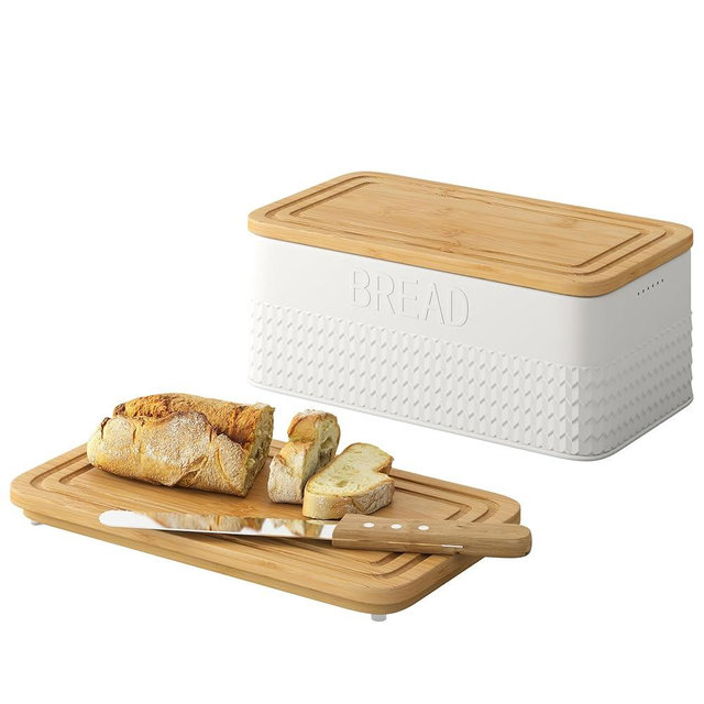 kiplant Bread Box for Kitchen Countertop, Large Bread Storage Container with Bamboo Lid, Iron Farmhouse Bread Box for Your House, White