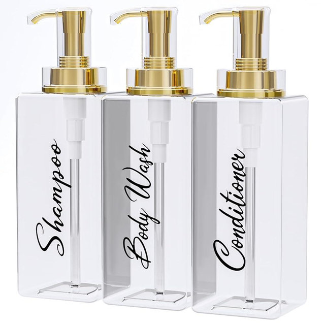 Akalin Shiny Shampoo and Conditioner Dispenser 16oz, Set of 3 Refillable Shampoo and Conditioner Shiny Bottles with Pump, 3 Clear Body Wash Dispenser for Shower, Gold Soap Dispenser Bathroom (Clear)