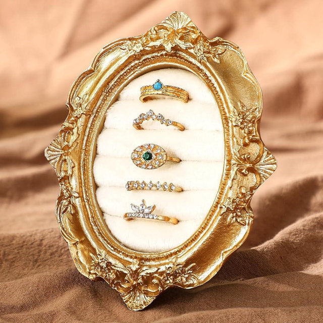 Liliaafar Vintage Ring Holder Gold Ring Display Stand Frame Earring Display Tray Anniversary Engagement Baroque Wedding Jewelry Organizer Photograph Prop Wedding for Women Birthday Gifts(Oval)