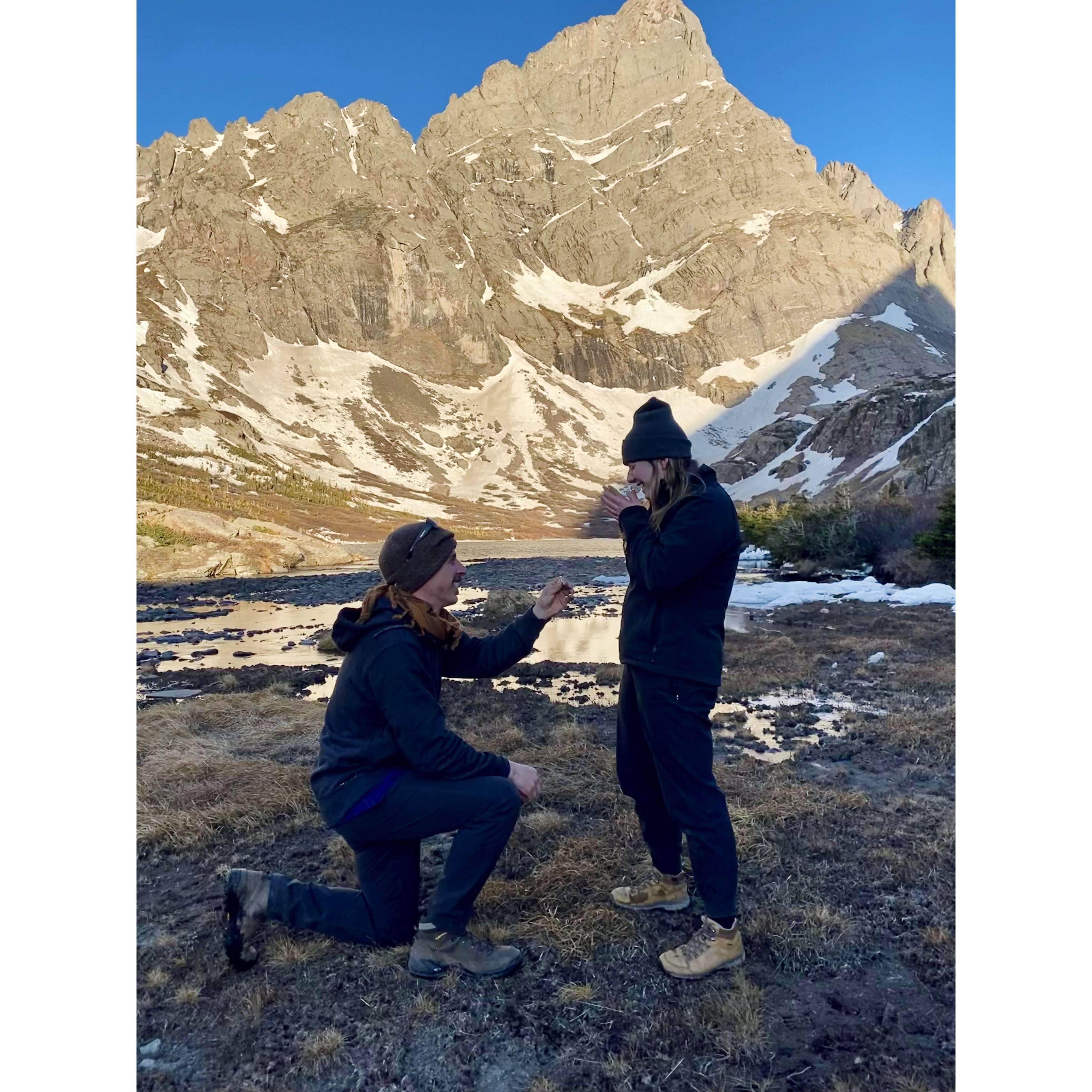 Mike proposing while hiking Mt Humbolt in Colorado!