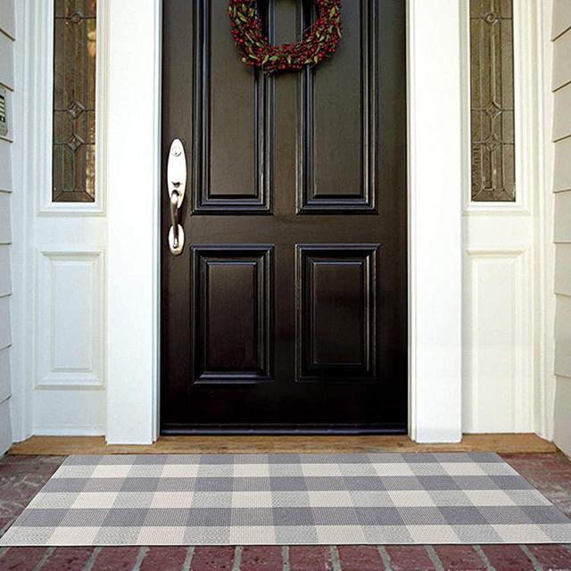 Cotton Buffalo Plaid Rug 24'' x 51'', KIMODE Gray/White Hand-Woven Checkered Welcome Door Mat, Washable Floor Rugs for Porch Kitchen Bathroom Laundry Living Room Braided Throw Mat