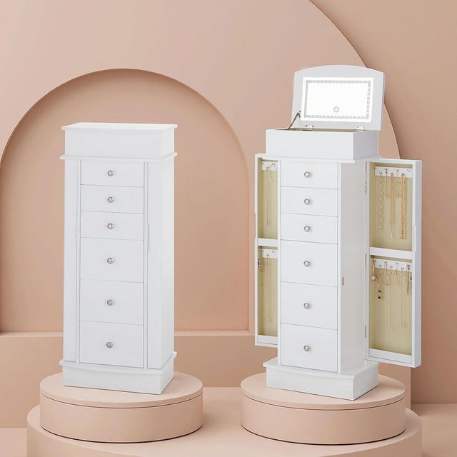 IRONCK Jewelry Cabinet with LED Mirror and 6 Drawers, Jewelry Armoire Cabinet Standing with Necklace Hooks & Anti-Tarnish Lining, Standing Jewelry Box, Gift for Women, White