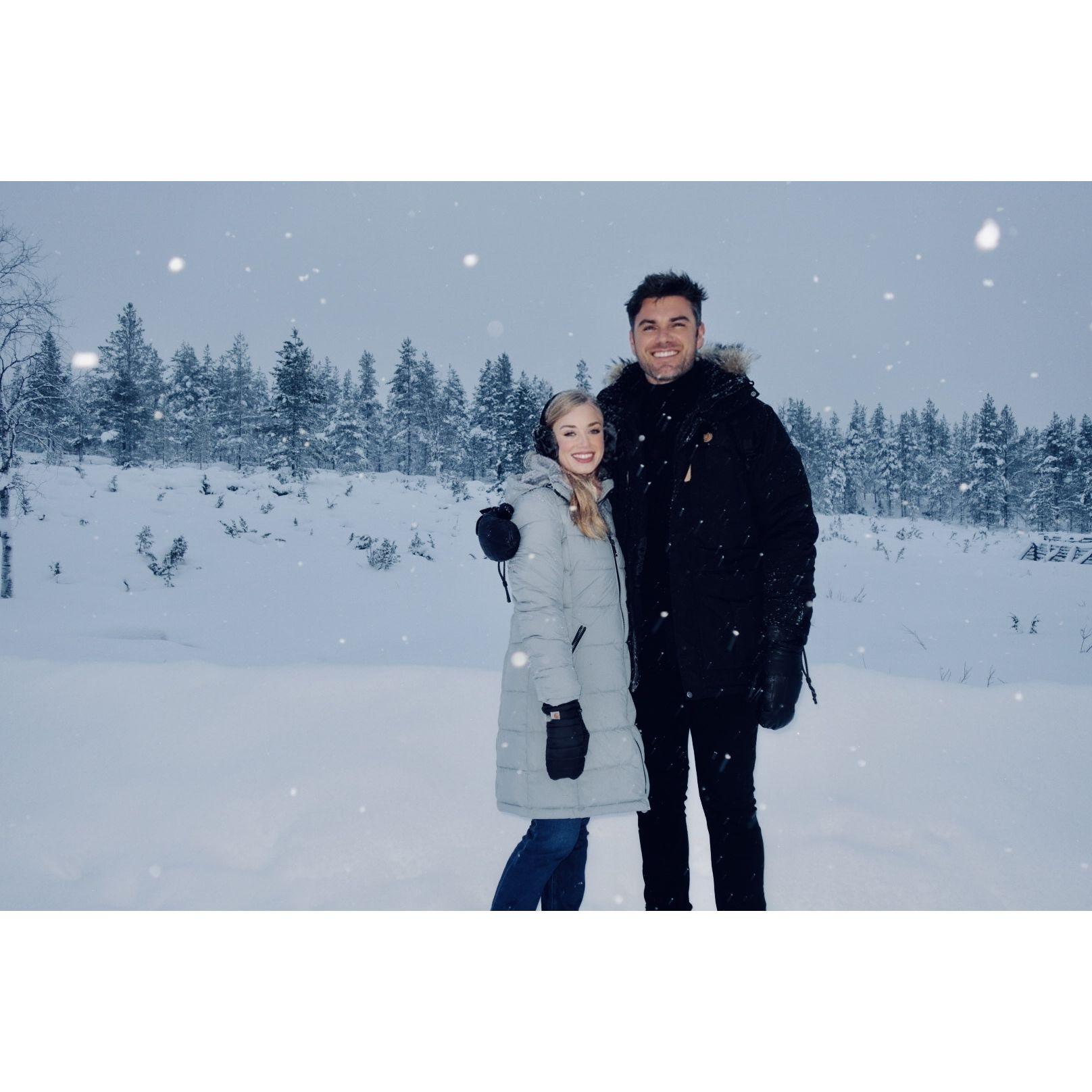 It snowed the whole time, meaning we couldn't see aurora borealis. So yes, Josh had the ring in his pocket in this photo. He carried it everywhere just in case we got to see the Northern Lights.