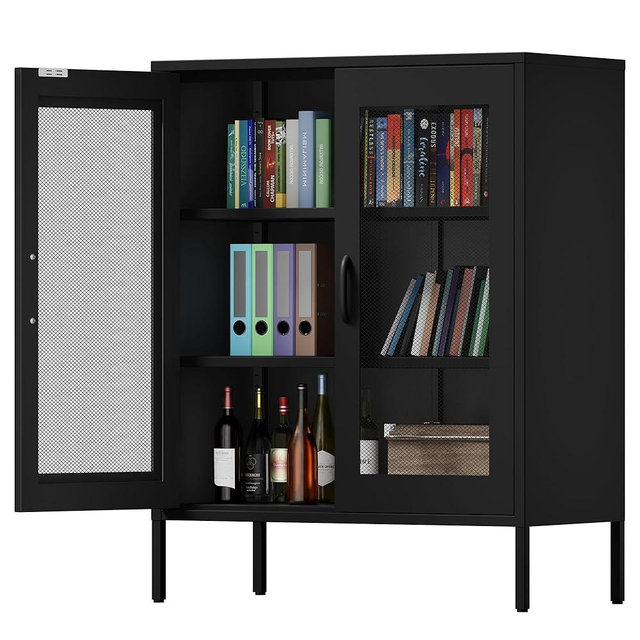 Chshin Black Metal Storage Cabinet,Metal Locker Storage Cabinet with 2 Mesh Doors and Adjustable Shelves,Kitchen Pantry Cabinets for Home,Sideboard,Living Room,Office(40" H)