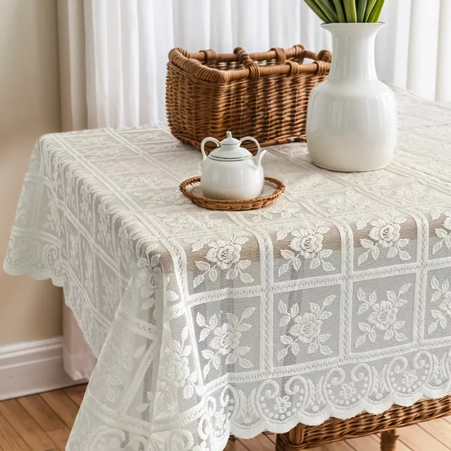 Unique Bargains Lace Polyester Square Floral Design Table Cloth for Weddings Birthday Party Decoration Beige 80x80cm/31.5"x31.5"