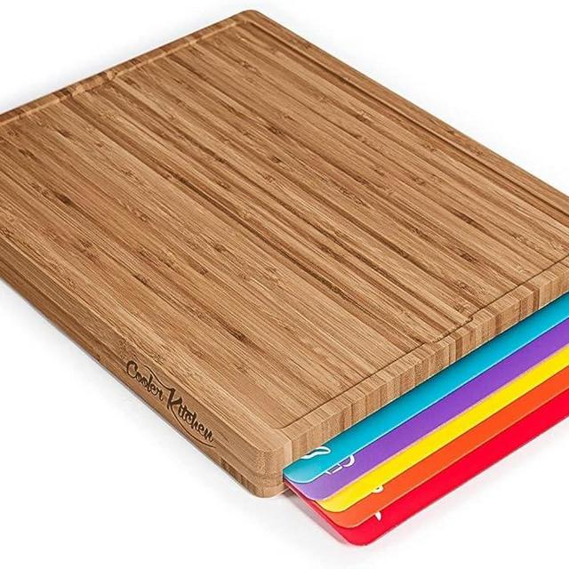 Dark Easy-to-Clean Dark Bamboo Wood Cutting Board Set with 6 Color-Coded Flexible Cutting Mats with Food Icons - Chopping Board Set