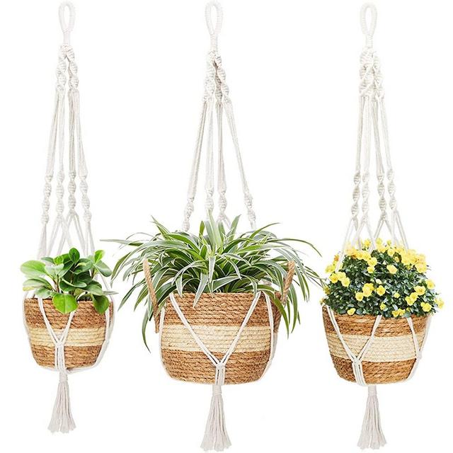 Greenstell Hanging Planters with Seagrass Planter Basket - Set of 3 Hand Woven Hanging Planter Basket Indoor Outdoor Plant Hangers and Flower Pots Cover Containers for Home Decor ( Seagrass White)