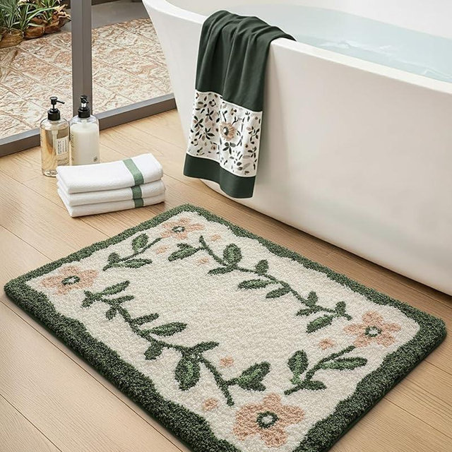 DEXI Floral Bathroom Rugs 20x32, Green Leaf Bathmat Non Slip, Washable Absorbent Quick Dry Bath Mat, Soft Plush Microfiber Cute Pink Flower Shower Rug for Shower Floor, Tub, Sink, Beige