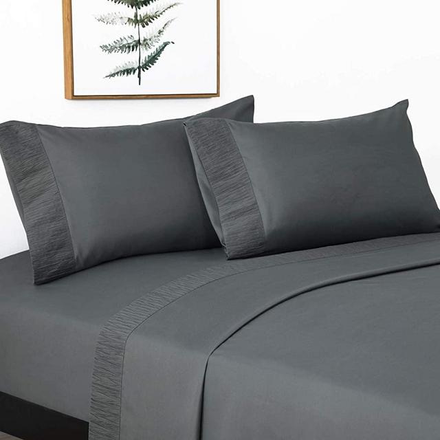 Bedsure Full Size Sheets- Ruffled Embossed Bed Sheet Set - Soft Brushed Microfiber, Wrinkle Resistant Sheet - 14 inches Deep Pocket - 4-Pieces (Dark Grey)