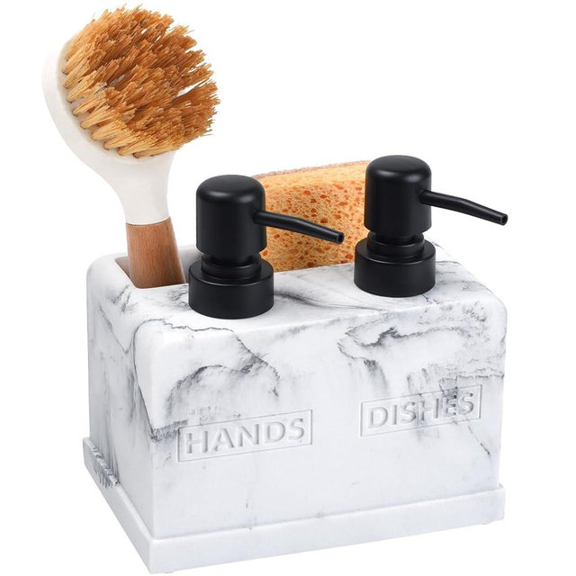 Hand and Dish Soap Dispenser Set for Kitchen Sink,Dual Soap Dispenser with Sponge Caddy and Brush Holder 4-in-1 Countertop Organizer for Kitchen Bathroom,Useful Kitchen Gadgets-White Marble Look