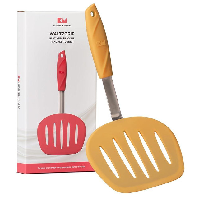 Kitchen Mama WaltzGrip Platinum Silicone Pancake Spatula Turner: Heat-Resistant, Slotted Tapered Head, Stainless Steel Core, Durable, Dishwasher-Safe, Ideal for Flipping and Wok Use (Yellow)