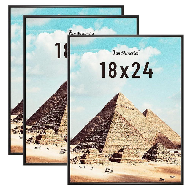 Fun Memories 18x24 Poster Frame for Photo, Posters & Art Prints, Horizontal or Vertical Wall Mounting Scratch-Proof Wall Gallery Photo Frame (Black, 3 Pack)