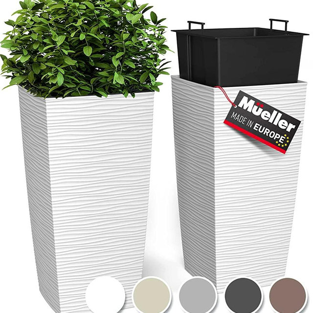 Janska by Mueller M-Resin Heavy Duty Tall Planter, Indoor/Outdoor Grande Plant, Tree, Flower Pot, 2-Piece Set, 24”, Modern Design, Built-in Drainage, White