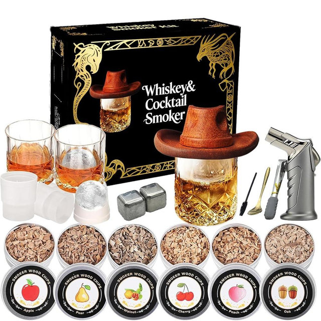 Whiskey Smoker Kit with Torch - 6 Flavors Wood Chips, 2 Metal Ice Cubes, 2 Glasses - Cocktail Smoker Infuser Kit, Old Fashioned Drink Smoker Kit, Birthday Whiskey Bourbon Gifts for Men,Dad(NO Butane)