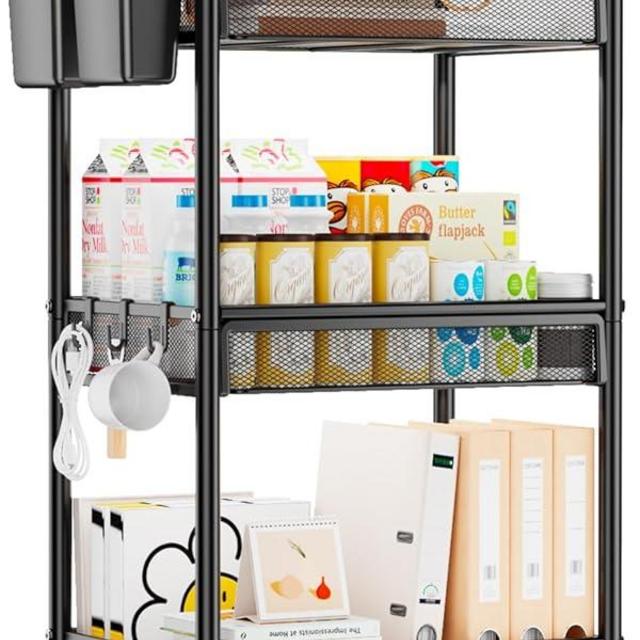 YASONIC 3 Tier Rolling Cart – Metal Utility Storage Carts with Wheels, Craft Cart Organizer with Hanging Cups, Hooks, Mesh Basket for Bedside Kitchen Office Art, Black
