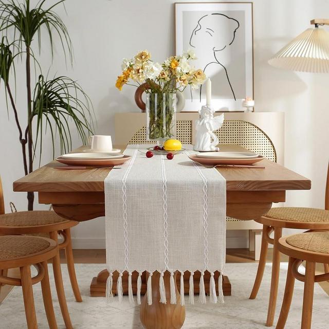 JIALE Rustic Farmhouse Table Runner with Tassels, Embroidered Cotton Linen Table Runner 48 Inches Long, Linen Boho Table Runners for Table Decorations, Holiday Party and Wedding, 13x48 Inches, Ivory