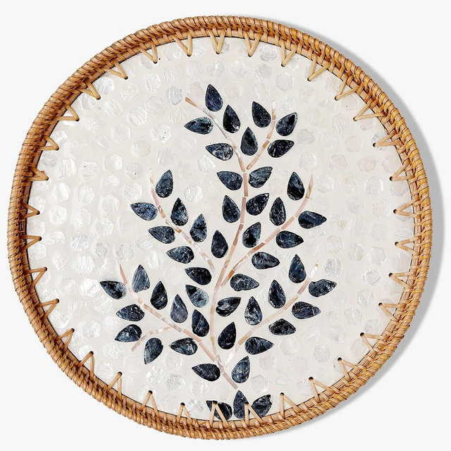 Round Rattan Tray with Mother of Pearl Inlay & Wooden Base - Decorative Wicker Serving Tray for Coffee/Bread/Fruits, Food Storage & Display - Multipurpose Home Decor (13.8" Little Tree)