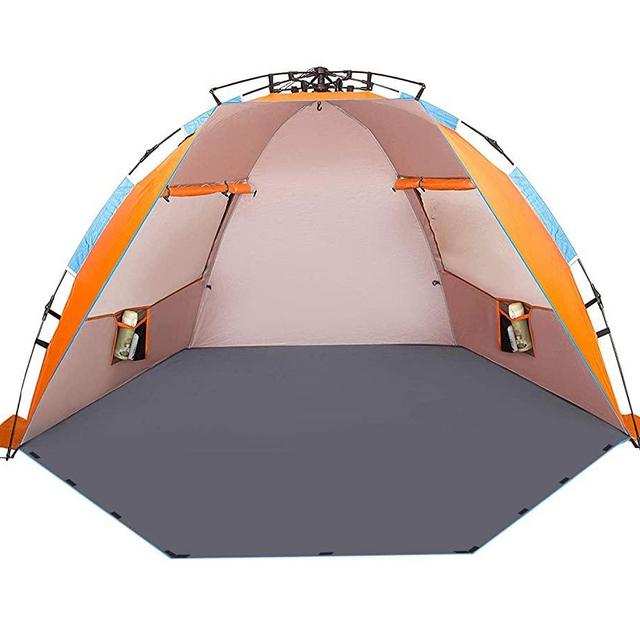 Oileus X-Large 4 Person Beach Tent Sun Shelter - Portable Sun Shade Instant Tent for Beach with Carrying Bag, Stakes, 6 Sand Pockets, Anti UV for Fishing Hiking Camping, Waterproof Windproof, Orange