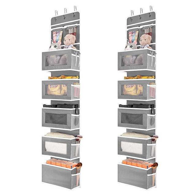 JARLINK 2 Pack 6-Shelf Over Door Hanging Organizer, Wall Mount Storage for Bedroom or Kitchen, Clear Window and PVC Pocket for Storage Cosmetics, Stationery, Sundries, etc (Grey)