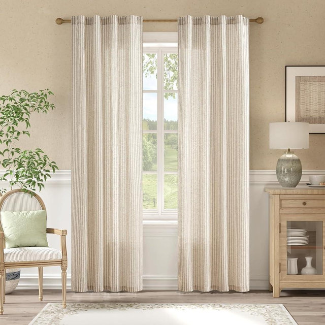 jinchan Linen Farmhouse Ticking Stripe Curtains 84 Inch Length Pinstripe for Living Room Bedroom Light Filtering Rustic Modern Curtains Drapes Back Tab 2 Panels Taupe