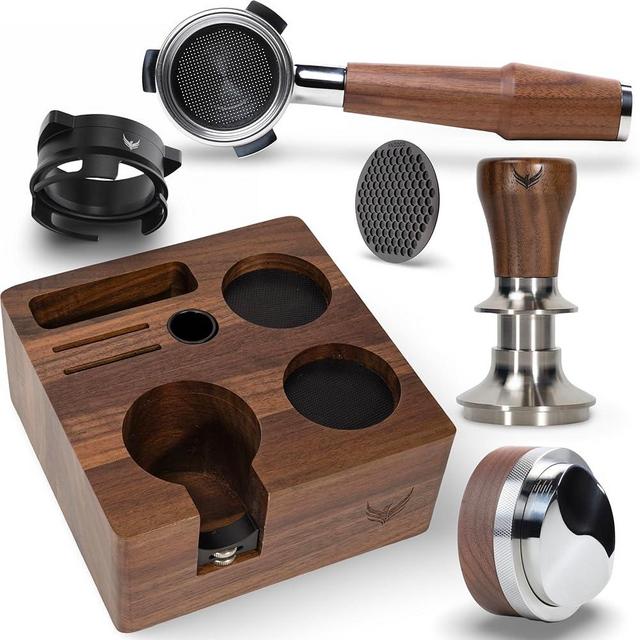 KNODOS Breville Barista Express Accessories Kit 6pcs Includes 54mm Walnut Tamping Stand, Auto Leveling Tamper, Distributor, Bottomless Portafilter, Dosing Funnel and Puck Screen