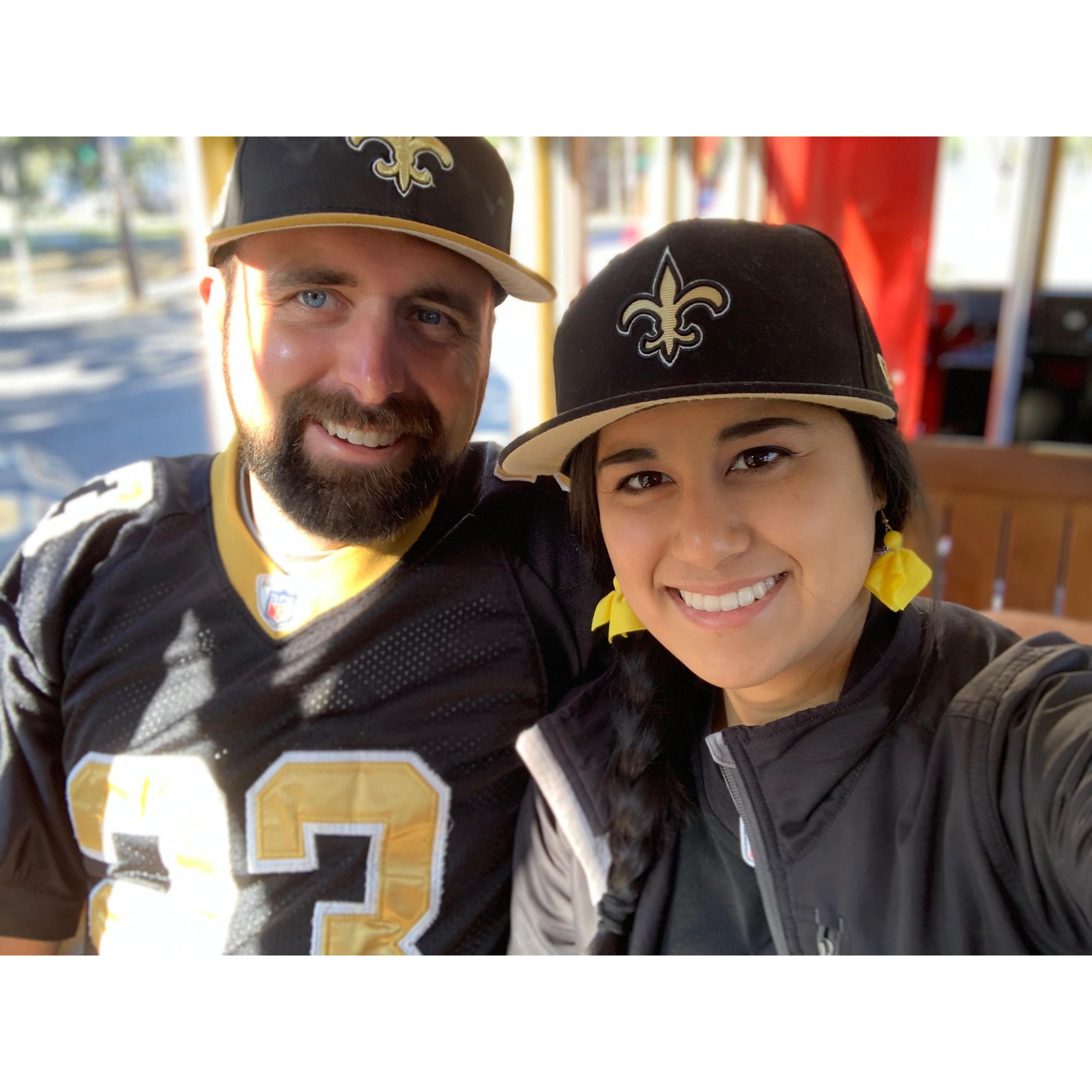 Taking the streetcar to a Saints playoff game (they lost). Winter, 2020.