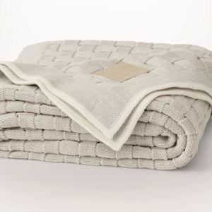 Basketweave Knit Throw Blanket - Cream/Pewter/Sand
