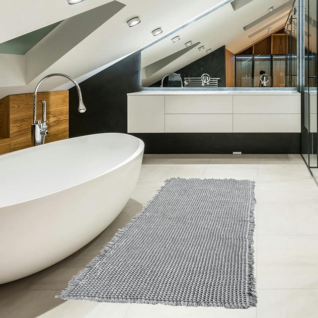 SHIMOH Waffle Bath Mat, Super Absorbent Non-Slip Bath Mats for Bathroom Floor, Machine Washable Bathroom Rugs with Tassels, Rubber Backed Bathroom Mats, Ultra Soft. (Light Gray, 2' X 6')