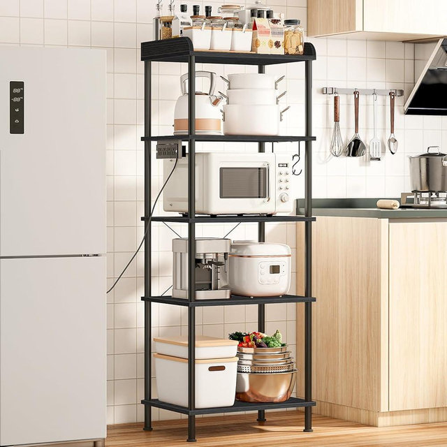HOOBRO Kitchen Bakers Rack with Power Outlet, 5-Tier Free Standing Kitchen Storage Shelf Rack, Microwave Stand with 4 S-Shaped Hooks, Black BB55UHB01