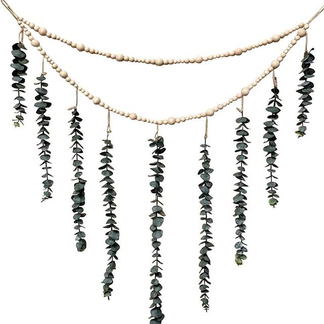 ConspiringUniverse Artificial Hanging Eucalyptus Wall Decor Large 36 Inches x 36 Inches with Decorative Wooden Bead Garland