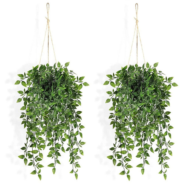 Fake Hanging Plants Indoor - 2 Pack Faux Greenery Plants for Home Decor Artificial Potted Vines with Black Plastic Planter for Bedroom Living Room Garden Front Porch Table Shelf Wall Decoration