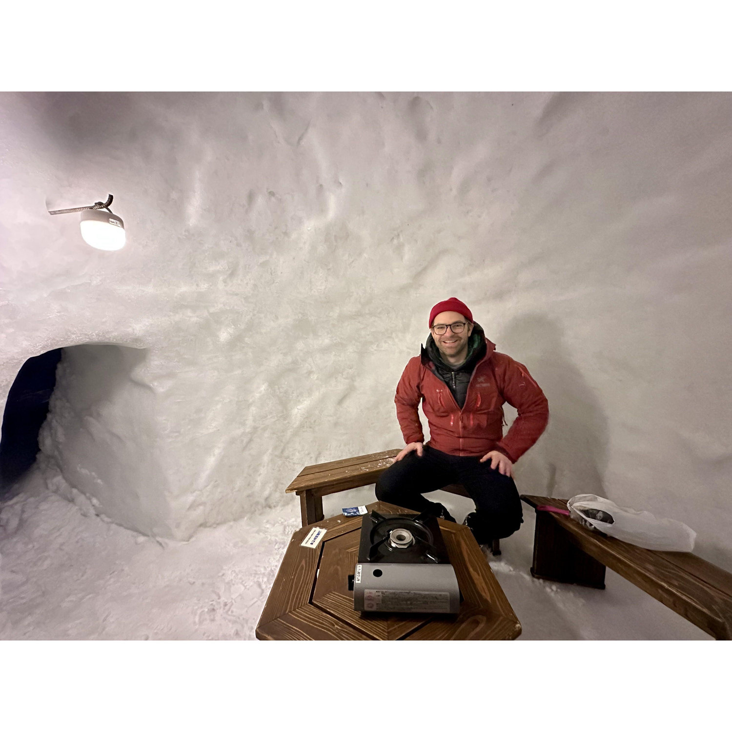 Jake playing it cool as possible moments before proposing in our igloo!!