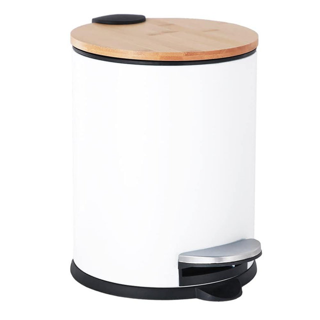 Mini Trash Can with Bamboo Lid Soft Close and Foot Pedal, 0.8Gal/3L Tiny Round Trash Can with Removable Plastic Inner Wastebasket for Bathroom, Bedroom, Powder Room, Office, Desk, Car, White