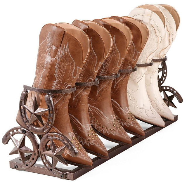 Western Horseshoe Boot Rack, 3 Pairs Freestanding Metal Boot Stand, Adjustable Cowboy Boot Organizer with Texas Star Ends for Entryway Bedroom Living Room Decor, Gift for Cowboy Boot Lovers, Bronze