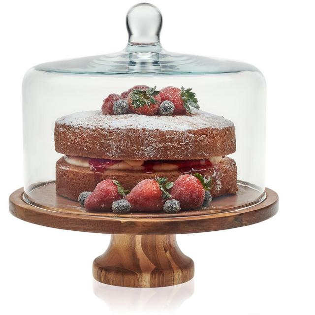 Libbey Acaciawood Footed Round Wood Server Cake Stand with Glass Dome