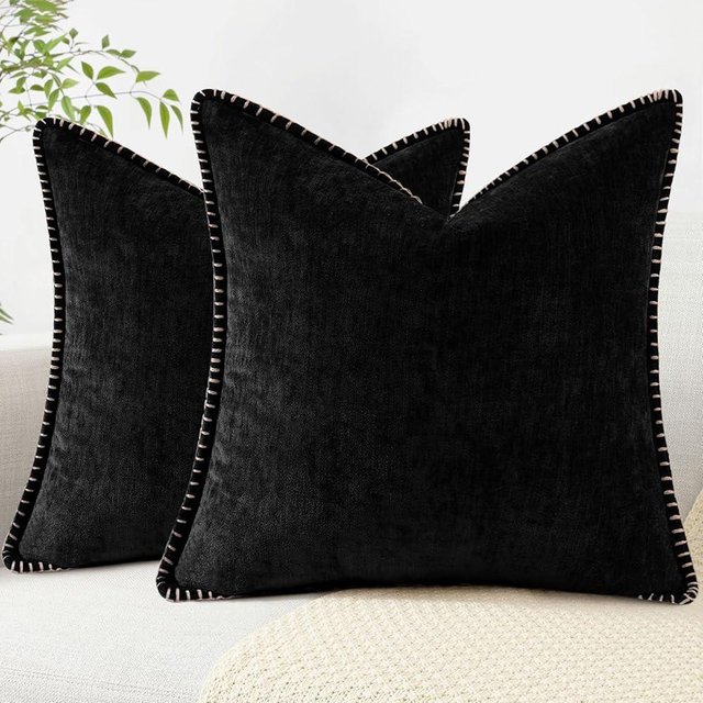 decorUhome Chenille Soft Throw Pillow Covers 16x16 Set of 2, Farmhouse Velvet Neutral Decorative Pillow Covers with Stitched Edge for Couch Sofa Bed Home Decor, Black