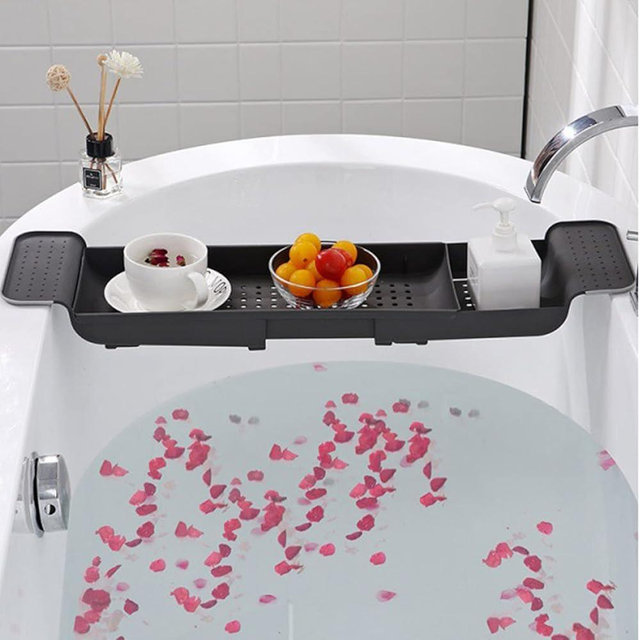 Expandable Drain Bath Shelf Caddy Tray, Multifunctional Plastic Bathtub Tray Bathroom Organizer Simple Stylish Bathtub Storage Rack for Candle Towel, Book, Wine, Phone, Shower (Grey - 1pcs)