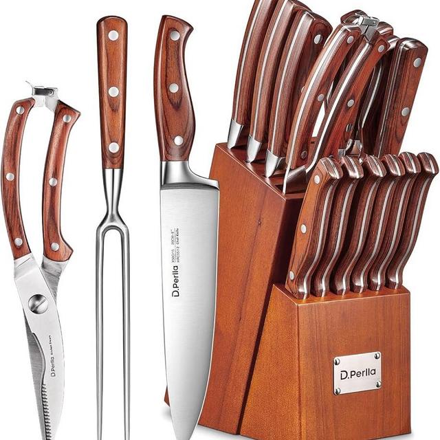 Knife Set with Block, 16 Pcs Stainless Steel Kitchen Knife Set with Sharpener & Wooden Block, Knife Block Set with Wood Handle, Chef, Santoku, Bread, Utility, Paring & Carving Fork Knife, Brown