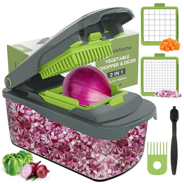 Ourokhome Vegetable Chopper Onion Cutter with Container, Multifunctional Food Chopper Veggie Dicer with 2 Blades for Carrot, Potato, Tomato, Essential Kitchen Gadgets (2 in 1, Gray)