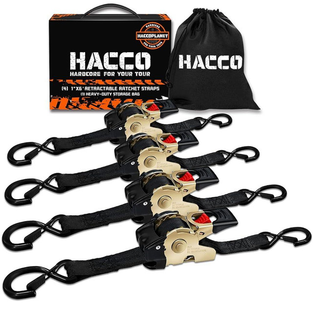 Haccoplanet 4Pk Retractable Ratchet Tie Down Straps 1" - 1500lbs Max Break Strength Autoretract Tie Downs with Coated S-Hooks for Motorcycles Cargo (10FT-4PK)