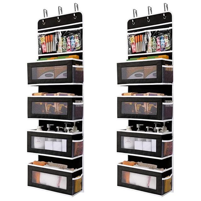 JARLINK 2 Pack 5-Shelf Over Door Hanging Organizer, Foldable Wall Mount 5 Big Pocket Storage with PVC Clear Window, Large Capacity Storage for Bedroom, Kitchen, Cosmetics, Toys, Sundries, etc (Black)