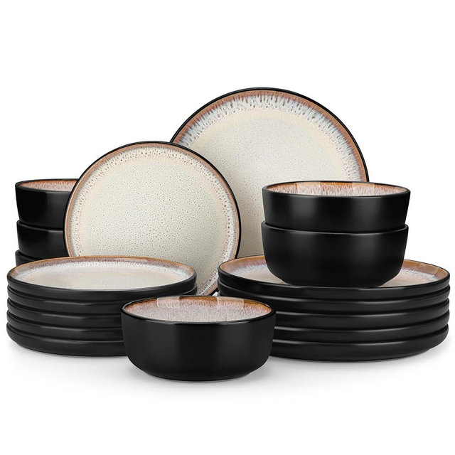 vancasso Plates and Bowls Sets, 18 Pieces Stoneware Dinnerware Sets for 6, Kitchen Dish Set Mircowave and Dishwasher Safe Ceramic Dishware, Light Cream, Series AMBER