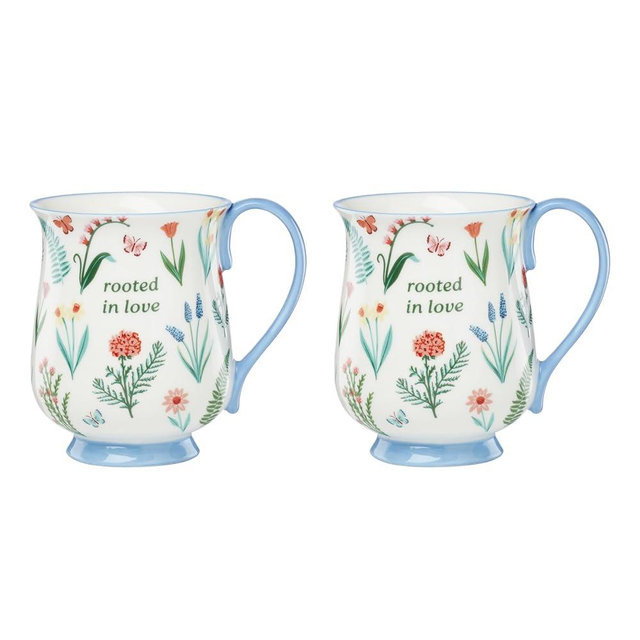 Oneida Coffee Mug Set, First Blooms Blue Mugs 2 Pieces, Service For 2, Porcelain Material, 12 Ounce Capacity, Microwave And Dishwasher Safe, Ceramic Mugs, Coffee Cups, Tea Cup (Blue, 2 Pieces)
