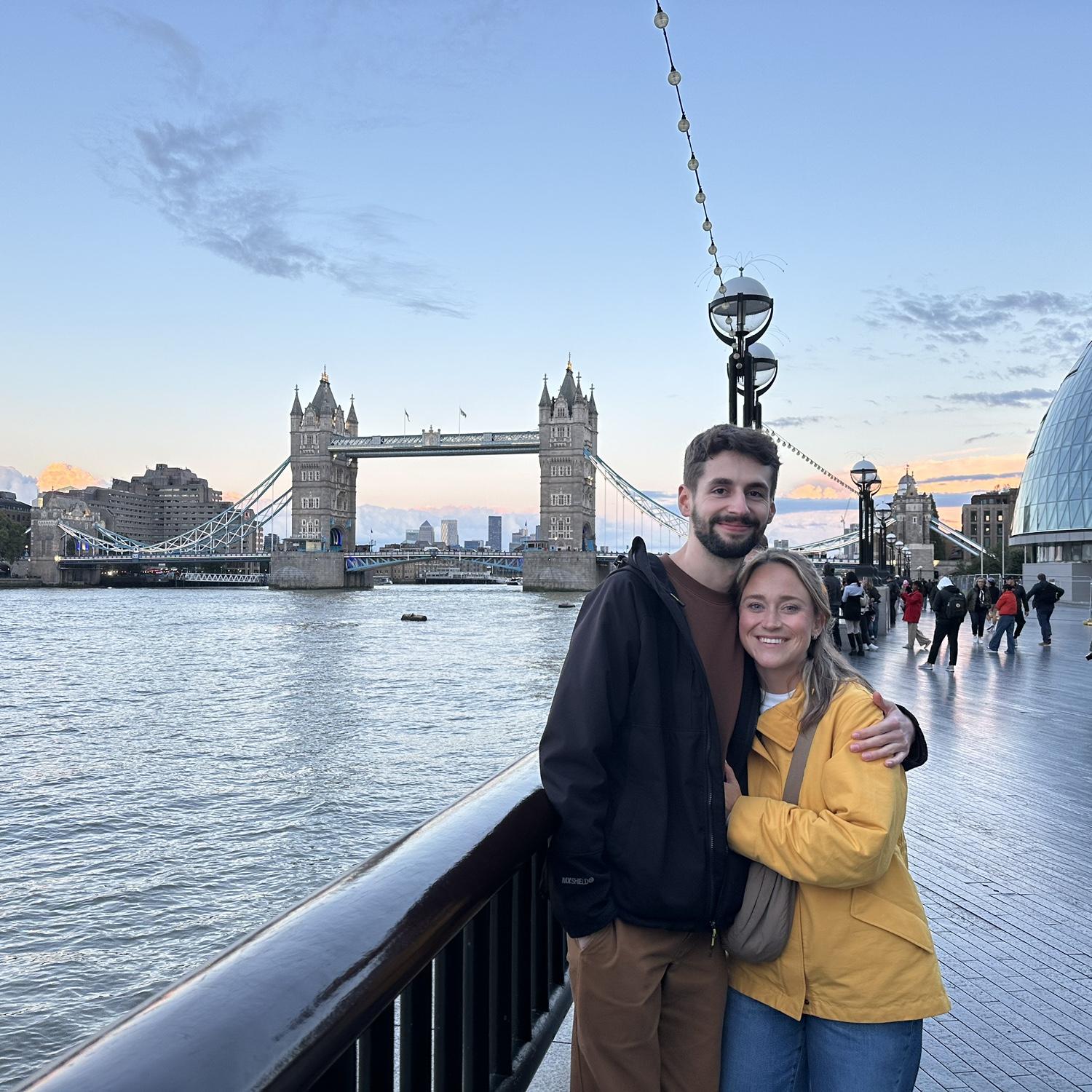 Celebrating our engagement in London before flying out to Romania!