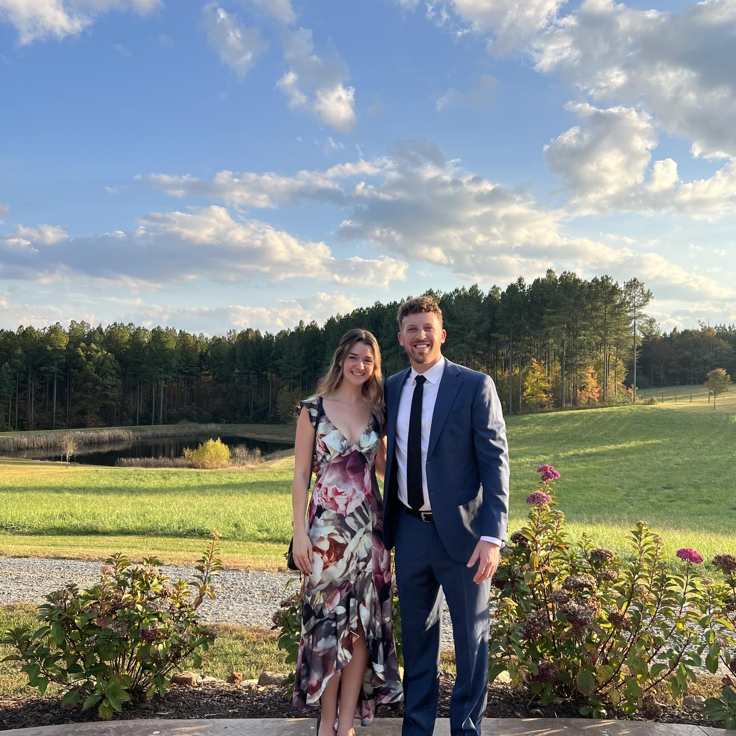 All dressed up at our last wedding as fiancés, October, 2022.