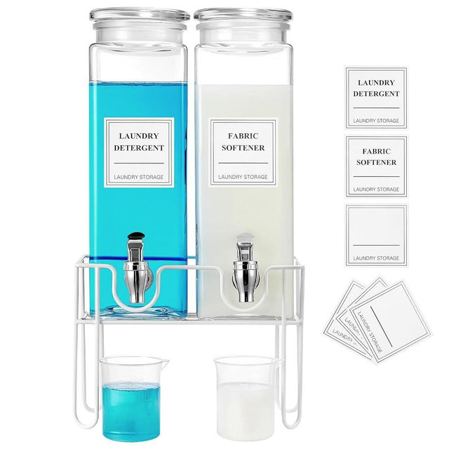 2 Pack Glass Laundry Detergent Dispenser with Stand, Laundry Soap & Fabric Softener Dispenser for Laundry Room Organization and Storage, 76oz Laundry Liquid Containers with Labels, Measuring Cups